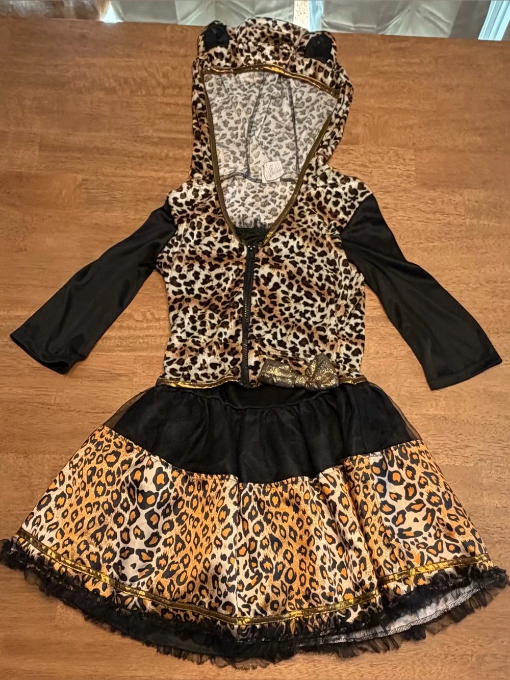 Sassy Spots Leopard Print Costume Girls Size XL Cat Feline Hooded Dress EUC